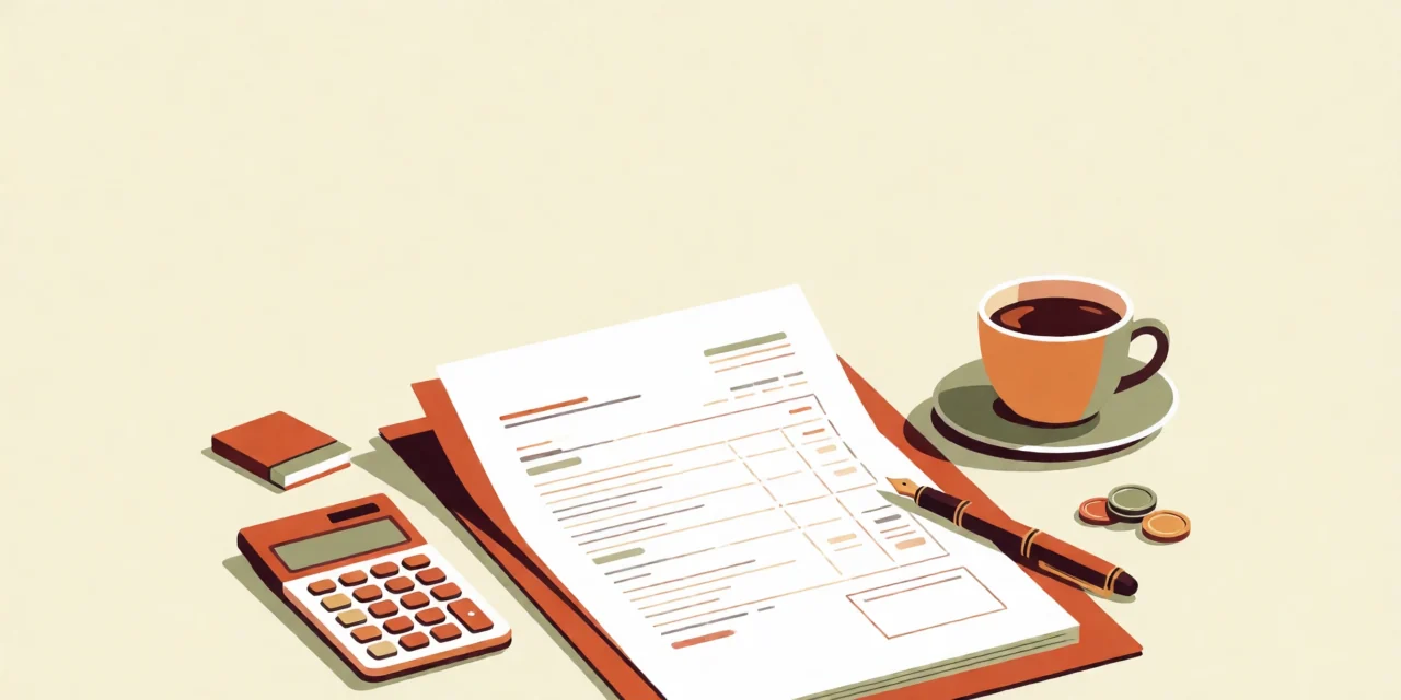 Illustration of an invoice on a desk next to a pen, calculator and coffee